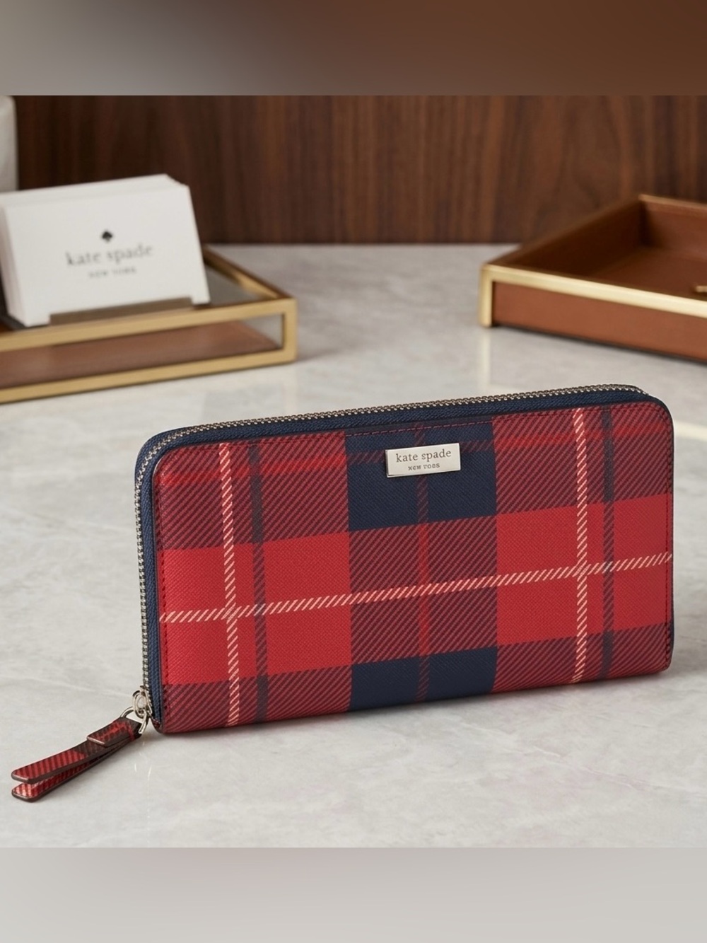 Kate Spade Laurel Way Travel Plaid Zip Around Wallet - Red and black - fall